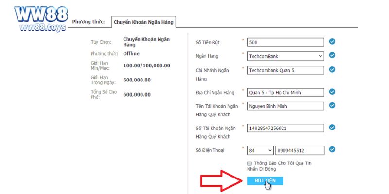 Điền các thông tin chính xác để thành công giao dịch tại WW88