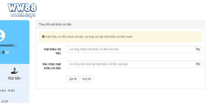 Nhập mật khẩu trước khi thực hiện thủ tục giao dịch rút tiền WW88